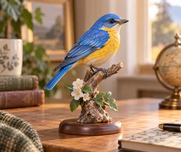 小さな枝に横向きにとまった、鮮やかな青と黄色の鳴き鳥。細部まで作り込まれたコレクション用フィギュア。