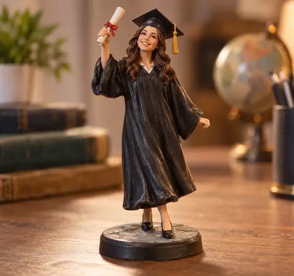 Un graduado sonriente con birrete y toga negros, representado como una figura en miniatura pintada a mano sobre una base circular.