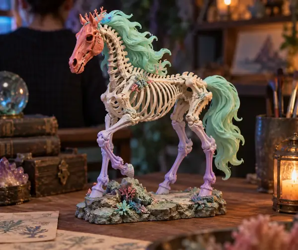 サンゴ色の頭蓋骨、ミント色のたてがみ、ラベンダー色の脚を持つ幻想的な骸骨の馬。カラフルな卓上ミニチュアとして撮影。