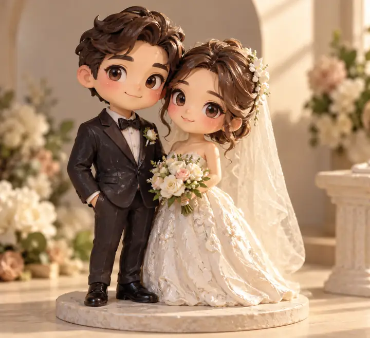 Una encantadora pareja de novios representada como dos figuras de boda chibi pintadas a mano, de pie juntas en un estudio.