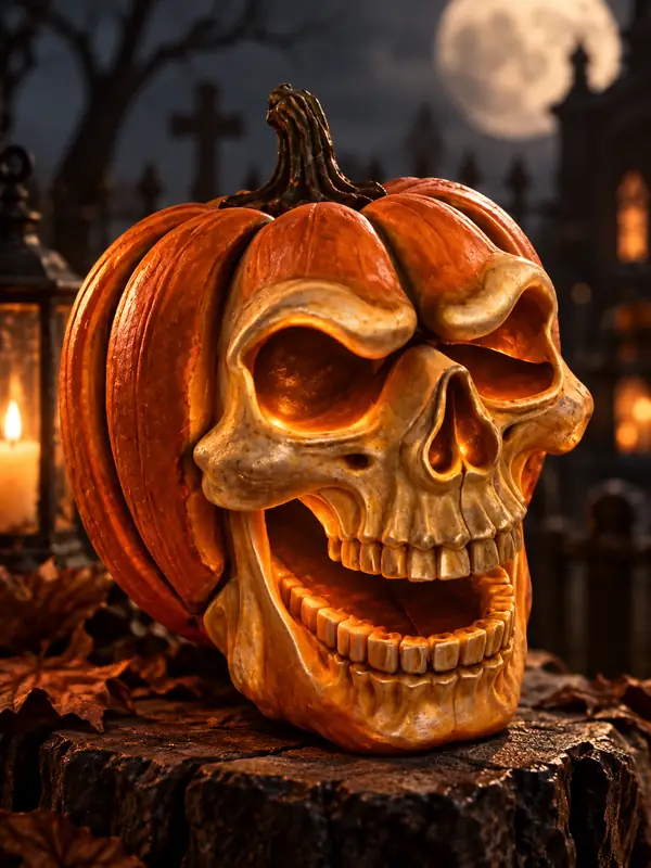 Una calabaza de Halloween tallada con un impactante rostro de calavera, mostrada como modelo 3D.