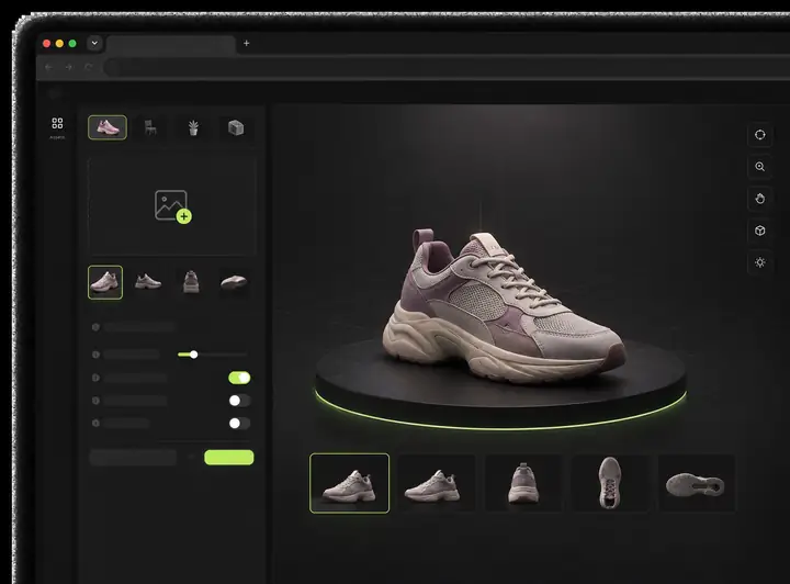 画像アップロード用の操作項目と3D作品のプレビューが表示された、暗い色調のブラウザ作業画面。
