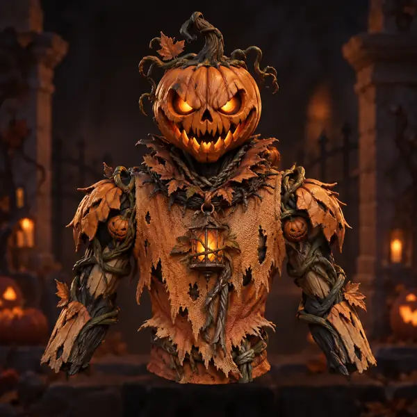 Un personaje guardián con forma de calabaza de Halloween, presentado como una figura 3D estilizada.