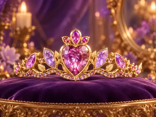 Una tiara ornamental de aspecto similar a una joya, modelada en oro metálico con detalles coloridos.