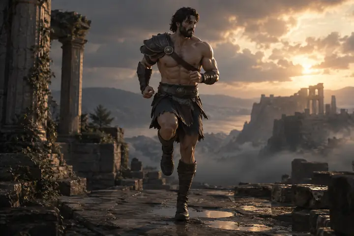 Un personaje musculoso de videojuego corriendo sin desplazarse, mostrando una animación 3D predefinida.