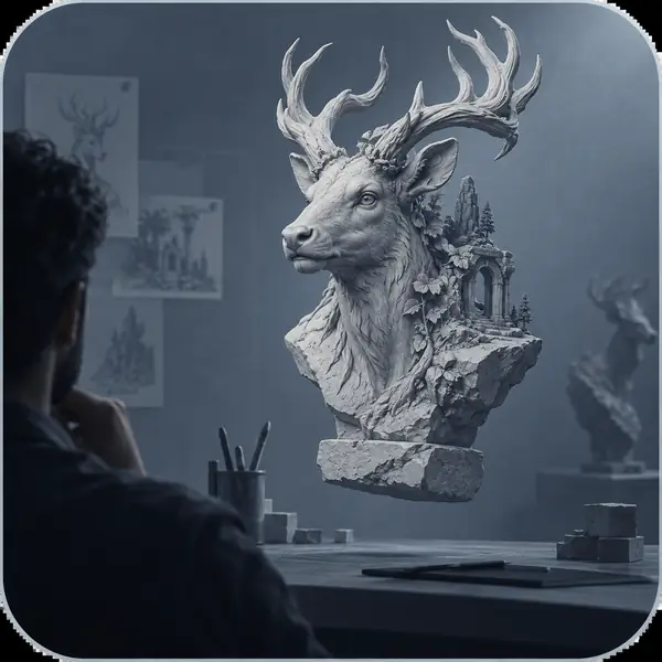 3D作業画面の横に浮かぶ、彫刻された胸像の小さなコンセプト画像。