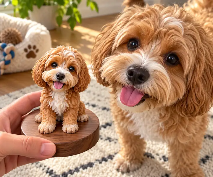 明るいスタジオで、イラスト入りのオーダーメイドのペット記念品のそばにいる小型犬。