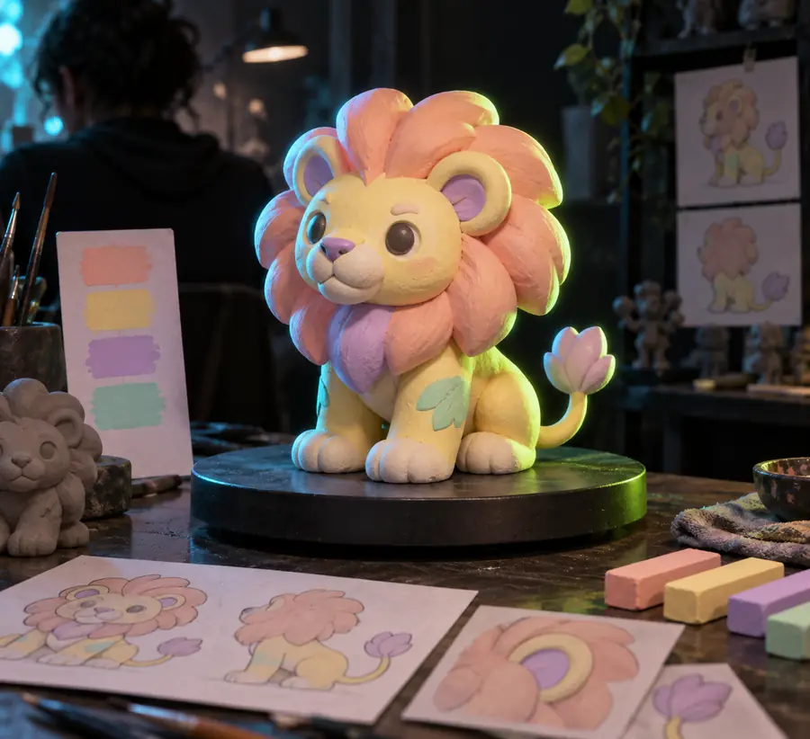 Pastel toy lion concept used to illustrate an early visual direction