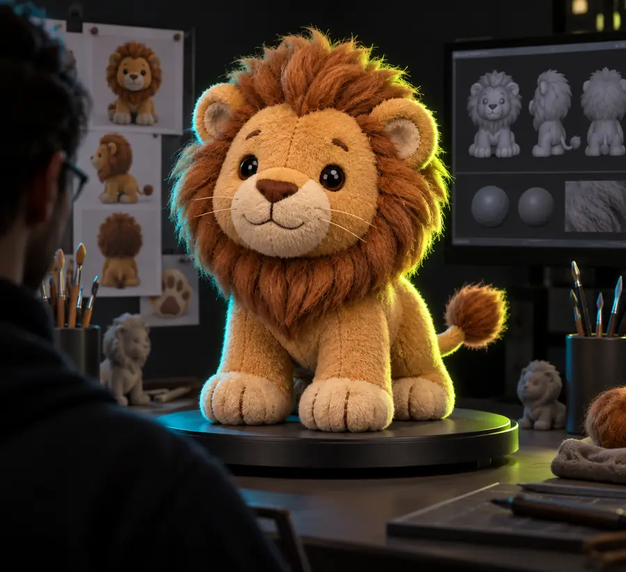 Plush lion 3D-style example used to illustrate a possible modeled appearance