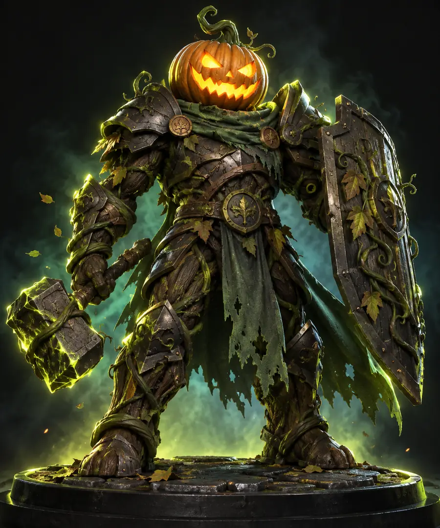 Pumpkin guardian character shown as a fantasy game-asset concept