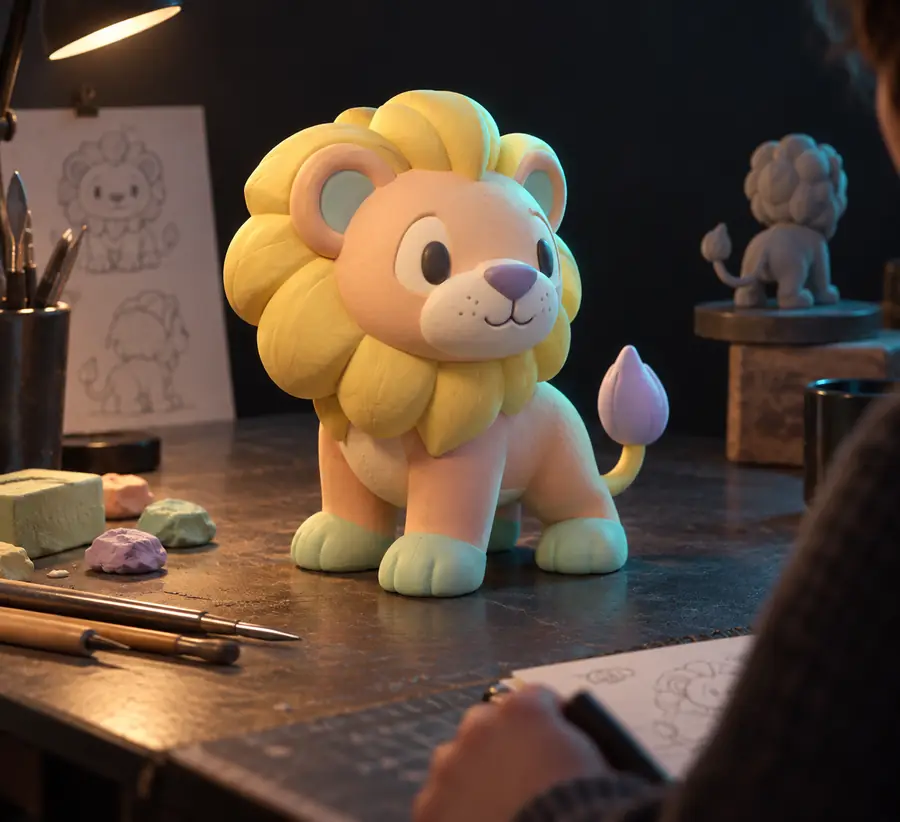 Pastel toy lion shown in an early model presentation